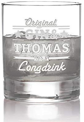 AMAVEL Bicchiere da Gin Senza Stelo con Incisione Personalizzata, Original Gin & Nome No. 1 Longdrink, Calice Cocktail in Vetro Chiaro, Regali Compleanno per Lui, ca. 320 ml