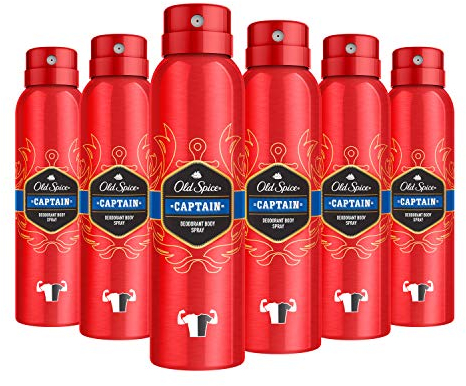 Old Spice Captain Deodorant Body Spray For Men 150 ml, 48H Fresh, 0 Percent Aluminium Salts, Anti-White Marks and Yellow Stains x6