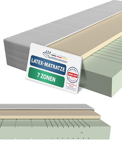 AM Qualitätsmatratzen 7 Zonen Latex Matratze 100x200 H3 - Made in Germany - Oeko TEX zertifizierte Naturlatex Matratze 100x200-20 cm Hoch - Hybridmatratze mit 4cm Latexauflage