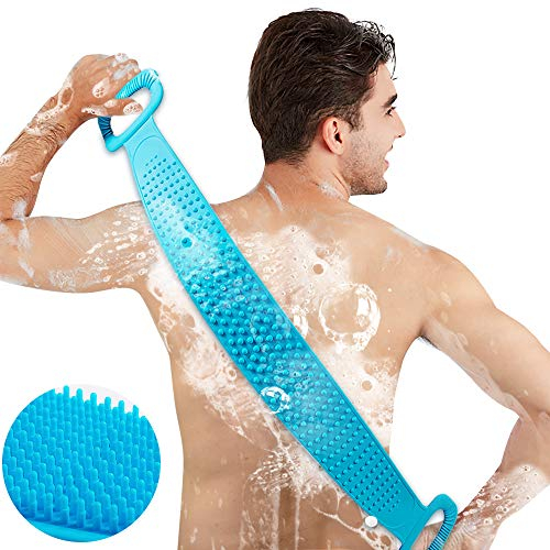INMORVEN Silicone Back Scrubber for Use in Shower,Extended 76cm Brush Exfoliating Body Scrubber for Men and Women,Spa Massage Skin Care Tool, Long Lasting and Easy to Clean.(Blue)