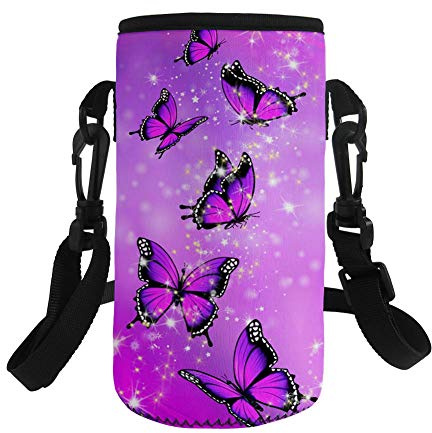 Pizding Wasserflaschenträger, isoliert, Neopren, Wasserflaschenhalter, Tasche, Hülle, 500–750 ml, verstellbarer Schultergurt, ideal für Edelstahl-Trinkflaschen, glitzerndes Schmetterling-Design