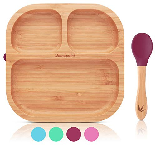 bambuskind Kinderteller mit Saugnapf kirsche I Inkl. Rezepte-Ebook I rutschfester Babyteller aus Bambus mit Löffel I Kindergeschirr-Set zum Essen lernen I ohne schädliche Kunststoffe