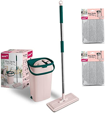 York Mocio piatto per cellulare con manico e secchio | in microfibra | assorbente | per la pulizia del pavimento | senza macchie d'acqua | rosa verde | 2 cartucce extra | capacità secchio: 6 litri |