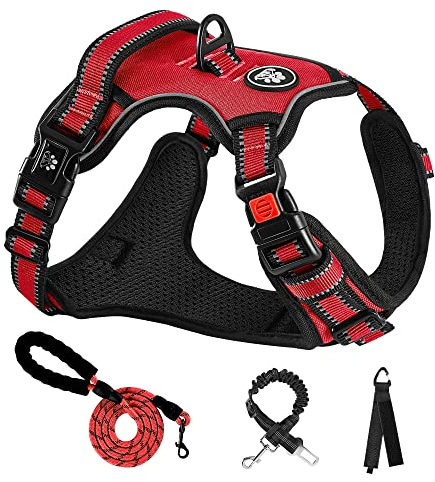 NESTROAD Hundegeschirr Mittelgroße Hunde Rot, Größe M Anti Zieh Geschirr für Hunde Mittel, Halsumfang 33~43CM Brustumfang 43~64CM, Hundesicherheitsgurt Sicherheitsgeschirr Hund Gepolstert