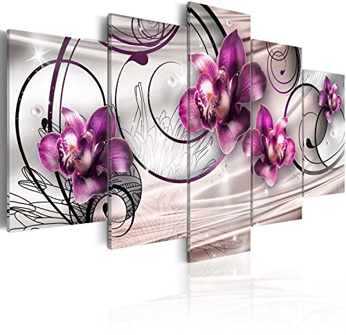 B&D XXL - Wandbilder XXL Blumen 150x75cm 5 tlg - Wand Deko Leinwand Bilder Groß Wanddeko Wohnzimmer Schlafzimmer Kunstdrucke - Orchidee Ornament Perlen bokeh grau beige violett