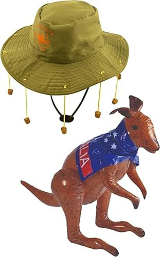 Royal Fashion Unisex Adult Australian Hat with Corks & Inflatable Kangaroo Green-Brown Set Fancy Dress Accessories Kit Premium Quality