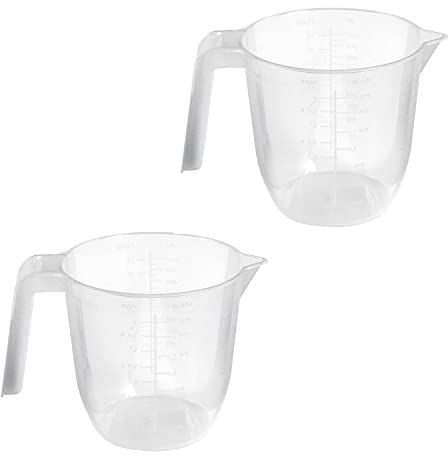 Set of 2 Plastic Lightweight 1L Measuring Jugs, Sturdy and Hardwearing, Easily Storable and Stackable, Measuring Scale Markings on The Side in ml and Ounces, BPA Free (1L Two Pack)