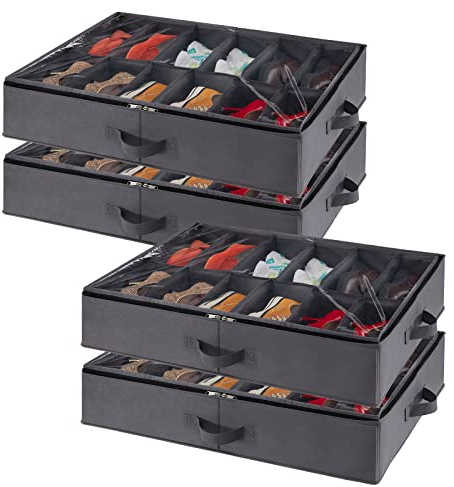 Lifewit 4 Piezas Bolsas de Almacenamiento para Zapatos con Ventana Transparente, Cajas Almacenaje Zapatos Plegables Debajo de la Cama con Asas, Organizador Zapatos, 12 Compartimentos, Gris, 4x12 Pares