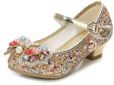 Höga klackar för flickor Glitter paljetter Barnbåge Princess Low-Top Student Performance Shoes (gyllene,EU32,Little Kid)