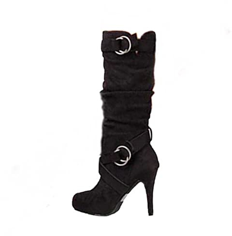 oiangi Women Stiletto Mid Calf Boots 2022 Winter Fashion Suede Round Toe Cross Belt Buckle Platform Thin High Heel Boots Solid Zipper Ladies Casual Shoes