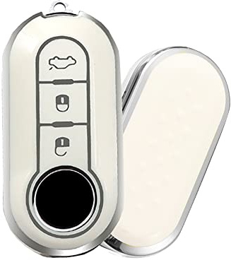 HIBEYO Klappschlüssel Autoschlüssel Hülle passt für FIAT Schlüsselhülle Silikon Schutzhülle Cover für FIAT 500 500C Ducato Brava Grande Punto Panda Qubo Fiorino Schlüsselring 3-Tasten-Silber Weiß