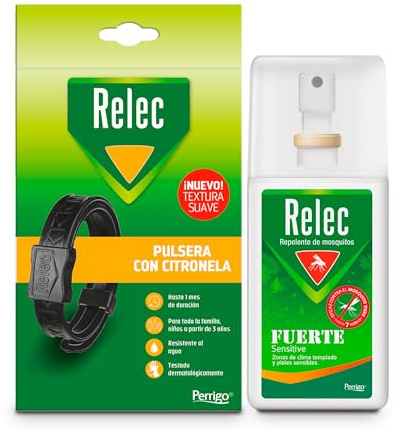 Relec Fuerte Sensitive Familiar Spray Antimosquitos + Pulsera con Citronela (Pack 75 ml + 1 ud), Eficaz Contra El Mosquito Tigre, Protección contra Picaduras de Mosquitos en Zonas Templadas