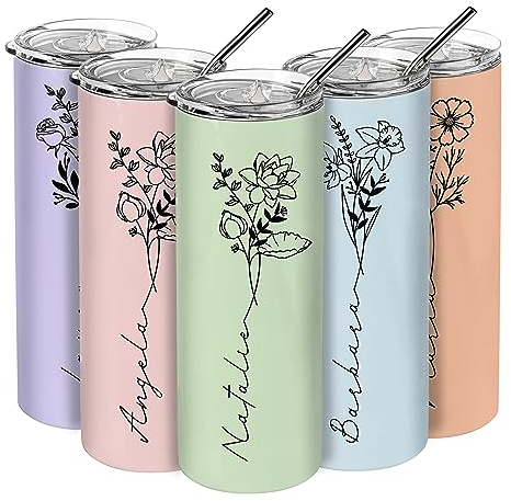Regalos de cumpleaños para mujeres, vasos personalizados con flor de nacimiento y nombre, 10 colores, 20 onzas, vasos delgados para mujer