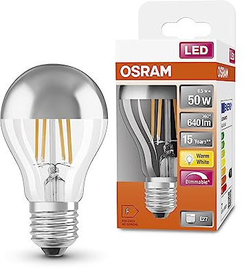 Osram LED SuperStar Classic A50 Dimmbare LED Lampe für E27 Sockel, Birnenform, FIL Mirror Silver, 640 Lumen, warmweiß (2700K), Ersatz für herkömmliche 50W Glühbirnen, 6er-Pack