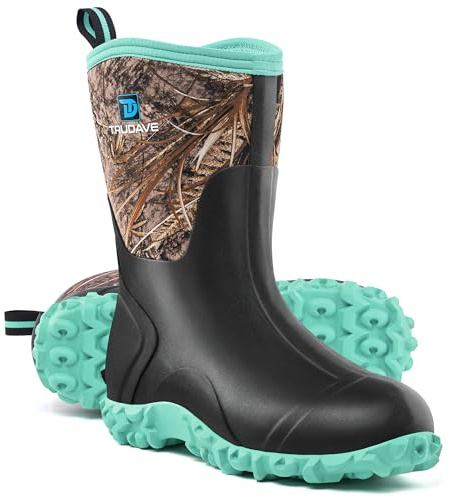 Trudave Rubber Boots for Women with Steel Shank, 6mm Neoprene Mid Calf Rain Boots, Waterproof Insulated Mud Work Boots All Season, Green, Size 6