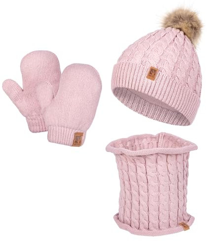 HEYO Kinder Winter Set Mütze gefüttert mit Fleece warm Schlauchschal Loopschal Handschuhe weich Bommelmütze Rundschal Kleinkinder Strickmütze Jungen Mädchen (Rosa)