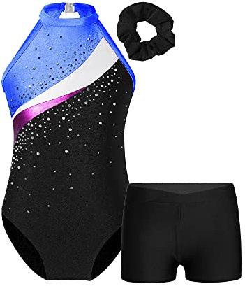 Miutii Mädchen Turnanzug Glitzer Gymnastikanzug mit kurzer Hose Haarband Ärmellos Ballettanzug Gymnastik Leotard Training Dancewear A Schwarz & Königsblau 146-152