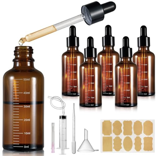 Realure 5 Stück Pipettenflasche 50ml mit Skala und 5 Hilfszubehör | Refillable Braunglas Glas Tropfflasche 50ml, UV-Geschützt, Flasche mit Pipette, für Ätherische Öl Parfümöle Flüssigkeit