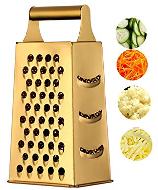 Stainless Steel Cheese Grater Vegetable Slicer with 4 Sides - Large Box Grater for Parmesan Cheese, Vegetables, Fruits - Gold - 9.2 Inches