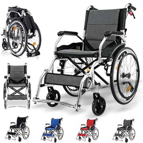 Rollstuhl Faltbar Leicht Aluminium Wheelchair, Leichtgewichtrollstuhl, Transitrollstuhl faltbar leicht, Reiserollstuhl, Klappbar Rollstühle mit Selbstantrieb, Abnehmbares Waschbares,Grau