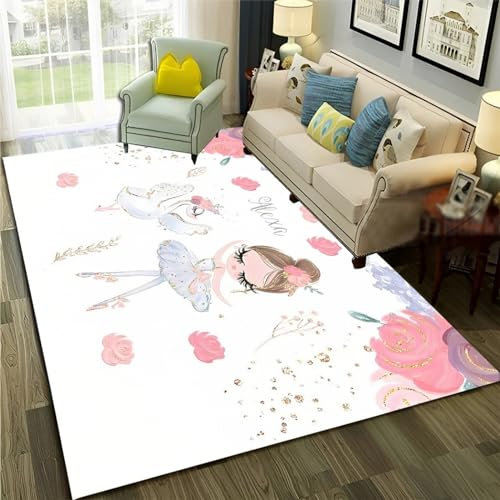 Kinderteppich Ballerina Mädchen Tier Schwan Einhorn - Kurzflor Teppich Kinderzimmer Spielteppich Antiallergen Und Extra Weich - Babyzimmer Teppiche Für Junge Und Mädchen Babyteppich 100 X 150 Cm -6Q5T