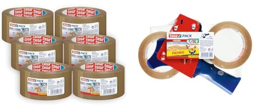 tesa tesapack Ultra Strong im 6er Pack - PVC-Klebebänder für festes Verpacken und sicheres Bündeln & Paketband-Abroller und tesapack Paketbänder im Set