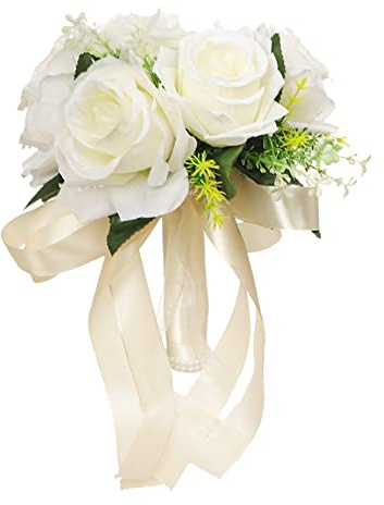 Brautstrauß, Handstrauß für die Hochzeit, Brautstrauß mit künstlicher Rose, Seidenblumenstrauß mit Band für die Hochzeit, weiße Braut-Kunstblumen, künstlicher Rosenstrauß, Hochzeitsstrauß für die Hoch