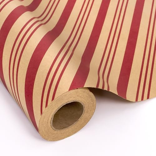 Toptime Gschenkpapier Weihnachten, 1 Rolle 10m x 43 cm Weihnachtspapier mit Roten Streifen, Vintage Braunes Kraftpapier Weihnachten, Weihnachtsgeschenkpapier Rolle für Urlaub, Geburtstag, Party