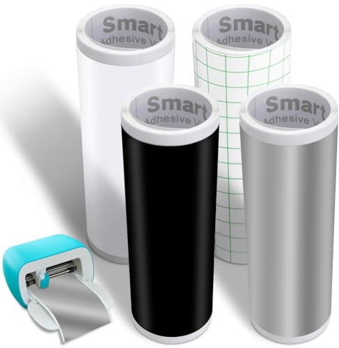 4 Rollen Smart Vinyl für Cricut Joy Schwarz+Weiß+Silber+Transferfolie Set | 14x200cm Smart Adhesive Vinyl Permanent Vinyl Plotterfolie Selbstklebend & Abnehmbar für DIY Tassen, Auto, Banner, Dekoration