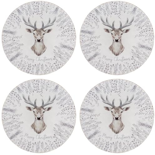 YöL Set Of 4 Christmas Charger Plates White And Grey Stag Design Xmas Lunch Dinner Table Decoration Reusable