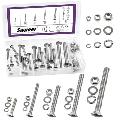 Swpeet 80Pcs 5 Sizes M6×30 M6×50 M8×50 M8×70 M10×80 304 Stainless Steel Carriage Bolts Screws Nuts Washers Assortment Kit,