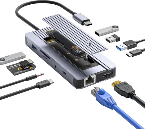 Hub USB C 12 en 1 con carcasa SSD M.2 NVMe/SATA, adaptador USB C para SSD PCIe 3.0 NVMe M.2, disco duro SATA de 2.5 pulgadas con HDMI 4K/60Hz, USB C de 5 Gbps, USB 3.0 de 5 Gbps, RJ45 compatible con