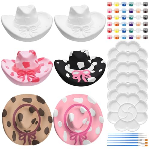 Affrolling 6 Set Cowboy Hat Ceramics to Paint Ready to Paint Your Own Ceramic Cowgirl Hat DIY Unpainted Plaster Paintable Kit Craft with Brush Palette for Adult Western Table Centerpieces Decorations