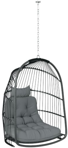Outsunny Hanging Egg Chair Foldable Rattan Garden Swing Chair Dark Grey | Installation Kit, Thickened Cushion, Headrest, Indoor Outdoor Hanging Egg Basket Seat, Patio, Porch