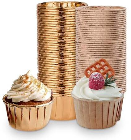 Muffinförmchen Papier, 100 Stück Mini Muffin Förmchen Wasserdicht Ölfest Backförmchen Papier Einweg-Backbecher für Hochzeit Geburtstag Party (Golden, Braun)
