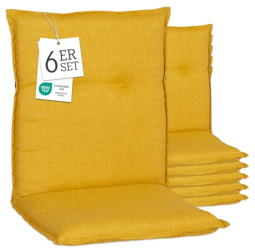 Beo Gartenstuhl-Auflagen Barcelona Niedriglehner 100 x 50 cm (6er-Pack) | Waschbare, UV-beständige Sitz-Kissen | Atmungsaktive Polster-Auflagen nach Öko-Tex Standard | Senfgelb | Made in EU