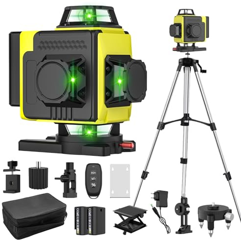 Nivel láser autonivelante verde 4 x 360°, nivel láser para obra Lazer 4D, 16 líneas, modo de pulso para exteriores, 2 baterías, nivelación automática, soporte giratorio. (Con Trípode)