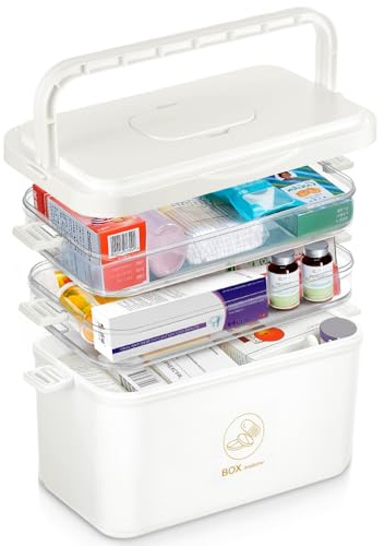 MICHIHOMIE Rangement de médicaments, Boîte à pharmacie portable 3 étages, Boîte de pharmacie familiale avec poignée, Grande boîte à médicaments, 30,5 x 24 x 16,5 cm (Beige)