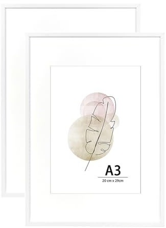 KAIWIN A3-Bilderrahmen, Weiß, 2er-Set, Holz-Posterrahmen, geeignet für A4 mit Passepartout, 29,7 x 42 cm, Bilderrahmen zur Wandmontage, Display für Zuhause, Büro, Galerie, Urlaub mit Fotos, Postern