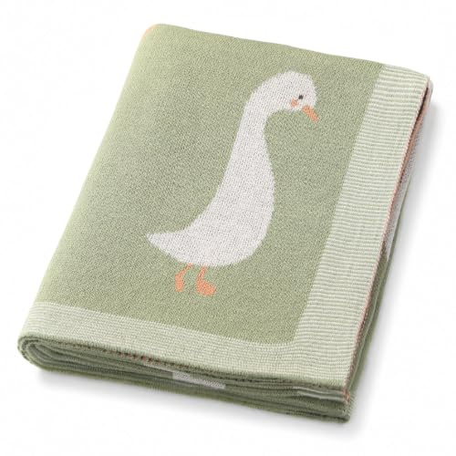 Loyfoky Babydecke, 100 % Baumwolle, gestrickt, Gans, für Neugeborene, Grün | 100 x 80 cm, weich und atmungsaktiv zum Wickeln, Kinderbett, Kinderwagen, Bauchzeit, Nickerchen und Reisen, maschinenwaschbar