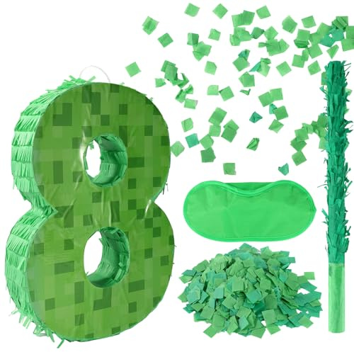 Number Mini Pixel Piñata, Green Pixel Birthday Party Decorations with Stick Blindfold Confetti Piñata Party Set for Birthday Decorations (8)