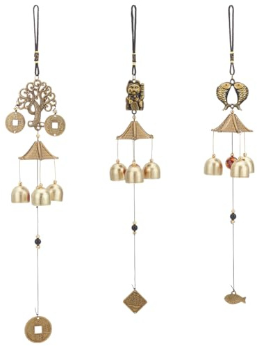 WADORN 3 Packung Glücks Windspiele, 3 Glocken Chinesische Feng Shui Windglocke Vintage Bronze Segensglocke Zum Aufhängen Glockenspiel Mit Fisch Katze Lebensbaum Münze Für Glück Reichtum Segen Garten