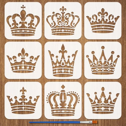 FINGERINSPIRE 9 Stück Kronen Malschablone Mit Pinsel 15x15cm Königinnen Prinzessinnen Kunstschablonen Königskronen Vorlage Kunststoff Zeichenschablonen Zum Malen Auf Holz Wänden Böden Stoffen Möbeln