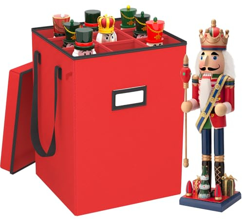 Christmas Nutcracker and Figurine Collectible Storage Box - Stores Up to 9-16 Tall Nutcrackers, Ornaments, and More - Holiday Decor Organizer with Adjustable Dividers - Nutcracker not Included (Red)