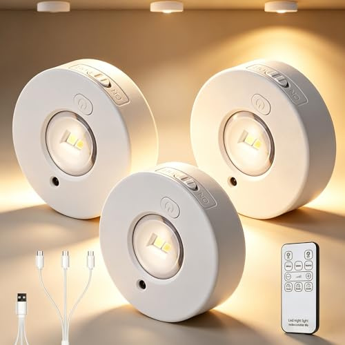 Schrankbeleuchtung USB Aufladbar Vitrinenbeleuchtung LED mit Touch und Fernbedienung, Dimmbar LED Spot Akku Unterbauleuchte Kabellos Rund Indirekte Beleuchtung mit 3 Farbtemperaturen Timer, 3-Pack