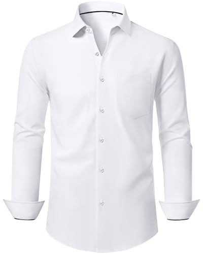 J.VER White Shirt Men Long Sleeve Formal Shirts 4-Way Stretch Wrinkle Free Business Casual Work Wedding Button Down Dress Shirt L