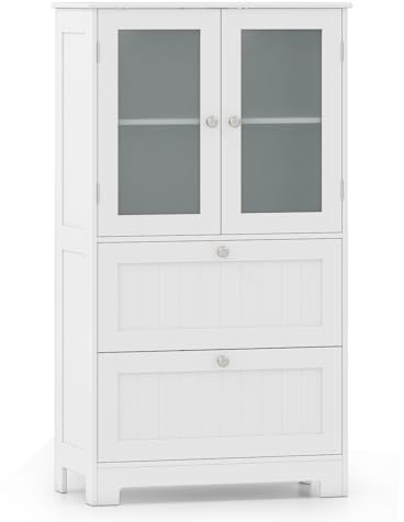 COSTWAY Bathroom Floor Cabinet, 108cm Tall Freestanding Storage Cupboard with 2 Tempered Glass Doors, 2 Drawers & Adjustable Shelf, Wooden Bathroom Unit Cabinet for Living Room Hallway Kitchen, White