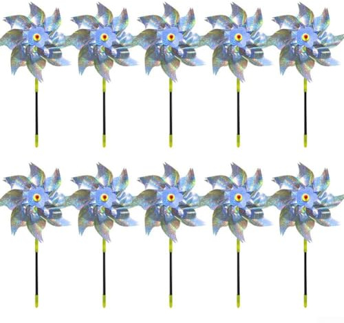 Lot de 10 moulins à vent réfléchissants argentés pour jardin, jardin, cour, terrasse et protection de la ferme