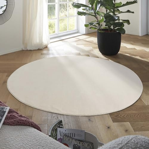 Taracarpet Teppich Kurzflor weicher Designer Uni Bodenbelag Madrid fürs Wohnzimmer, Kinderzimmer, Schlafzimmer und die Küche geeignet New Creme 120 cm rund