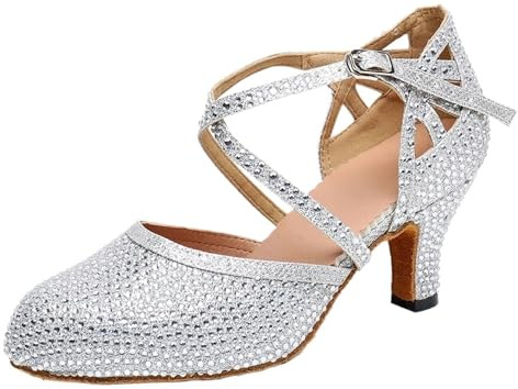Latinamerikanska dansskor för kvinnor latinska dansskor dam salsa tango balsal fest sneakers strass satin flicka högklackade utomhus stängd tå sho, SILVER, 38.5 EU
